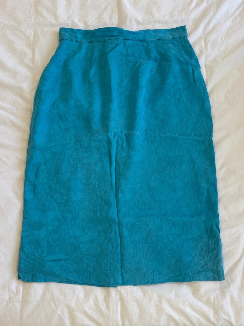 Vintage Teal Turquoise Jacquard Satin Midi Pencil Skirt